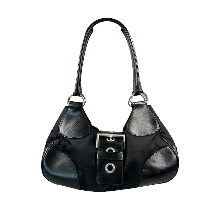 PRADA BLACK NYLON/LEATHER BUCKLE SHOULDER BAG